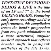 Talking Heads - Tentative Decisions: Demos & Live (2025) {Record Store Day Vinyl}
